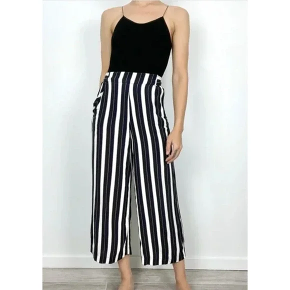Aritzia Wilfred S Faun $178 Striped Gaucho Wide Leg Pants High Rise Crop Blue - Picture 2 of 15